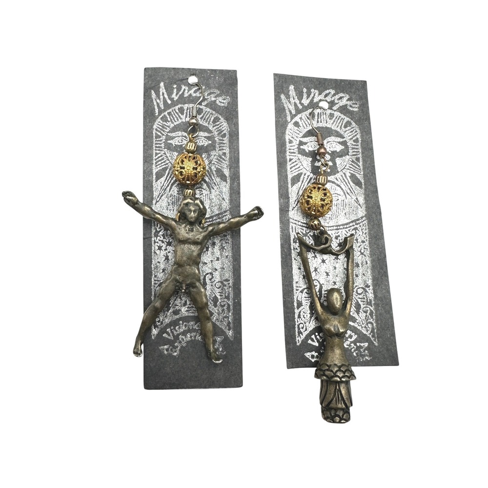 Vintage 80s Mirage Artisan Figure Large Drop Earrings Man Woman Goddess Mythic